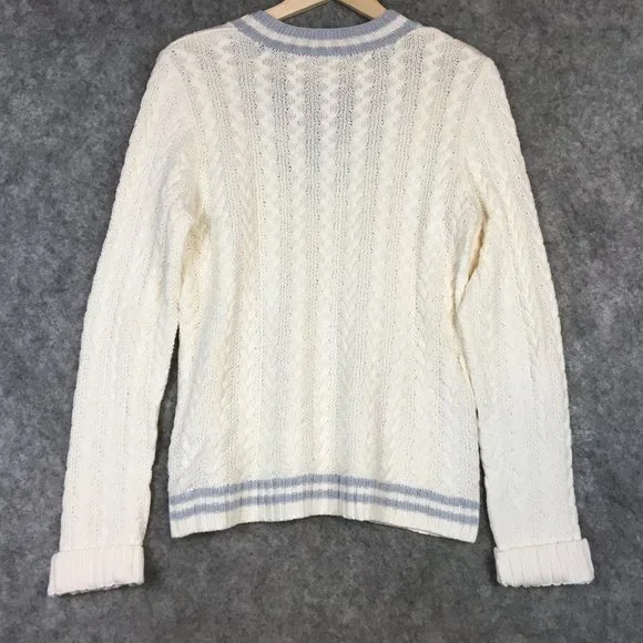 Lauren Ralph Lauren Sweater S M Preppy Cable Knit Blue Ivory V Neck Cuffed Braid - Picture 10 of 11